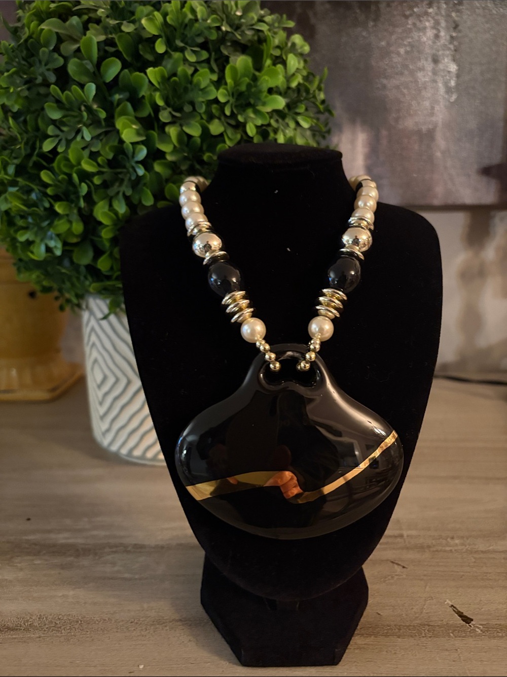 80”s Black and Gold Statement Pendant Necklace - Glass Pendant